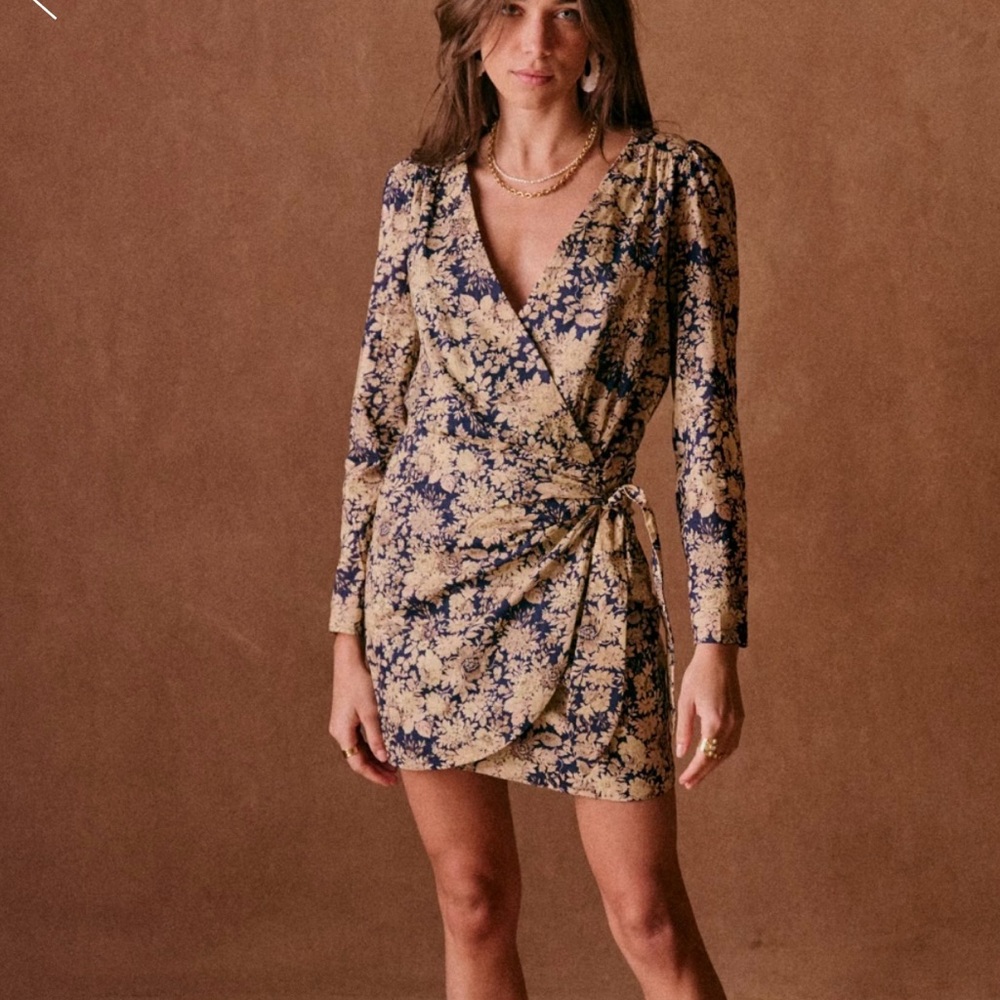 Sezane Navy and Beige Floral Long Sleeve Wrap Dress